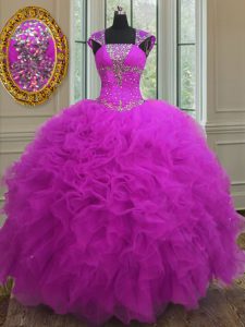Captivating Straps Sleeveless Floor Length Beading and Ruffles and Sequins Lace Up Quinceanera Dresses with Fuchsia