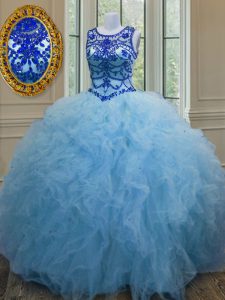 Gorgeous Tulle Scoop Sleeveless Lace Up Beading and Ruffles Quince Ball Gowns in Baby Blue