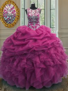 High Class Scoop Fuchsia Sleeveless Floor Length Beading and Ruffles and Pick Ups Lace Up 15th Birthday Dress