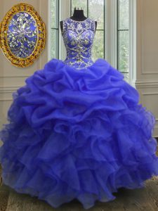 Scoop Sleeveless Sweet 16 Dresses Floor Length Beading and Ruffles Royal Blue Organza