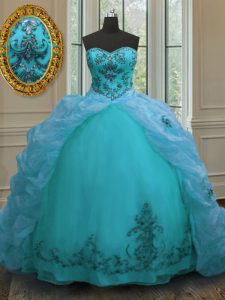 Deluxe Aqua Blue Sweetheart Lace Up Beading and Appliques and Pick Ups Sweet 16 Dresses Court Train Sleeveless