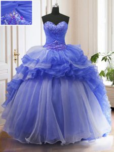 Blue Ball Gowns Organza Sweetheart Sleeveless Beading and Ruffled Layers With Train Lace Up Ball Gown Prom Dress Court Train