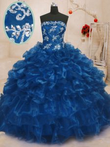 Dynamic Beading and Appliques and Ruffles 15 Quinceanera Dress Navy Blue Lace Up Sleeveless Floor Length
