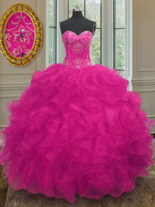 Great Sleeveless Organza Floor Length Lace Up 15 Quinceanera Dress in Fuchsia with Beading and Embroidery