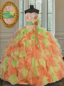 Floor Length Multi-color 15th Birthday Dress Organza Sleeveless Beading and Ruffles and Sashes ribbons