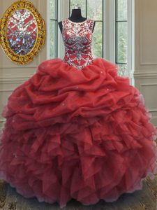 Simple Scoop Sleeveless Floor Length Beading and Ruffles and Pick Ups Lace Up Quinceanera Gown with Coral Red