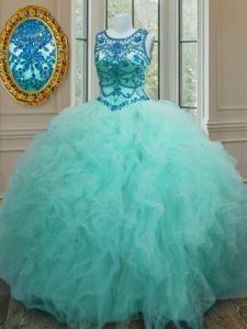 Scoop Turquoise Sleeveless Tulle Lace Up Quinceanera Gowns for Military Ball and Sweet 16 and Quinceanera
