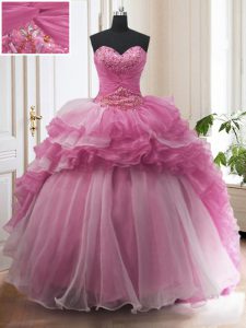 Rose Pink Ball Gowns Organza Sweetheart Sleeveless Beading and Ruffled Layers With Train Lace Up Sweet 16 Quinceanera Dress Sweep Train