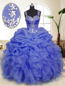 Comfortable Lavender Straps Zipper Beading and Ruffles and Pick Ups Quinceanera Gowns Sleeveless