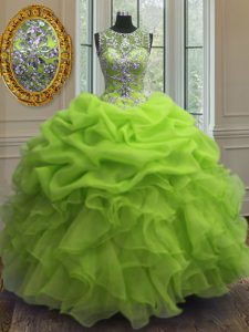 Superior Ball Gowns Organza Scoop Sleeveless Beading and Ruffles and Pick Ups Floor Length Lace Up 15 Quinceanera Dress