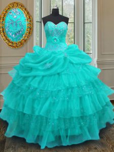 Edgy Aqua Blue Ball Gowns Sweetheart Sleeveless Organza Floor Length Lace Up Beading and Ruffled Layers and Pick Ups Quince Ball Gowns