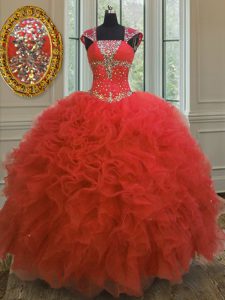 Chic Coral Red Organza Lace Up Straps Cap Sleeves Floor Length 15th Birthday Dress Beading and Ruffles and Sequins