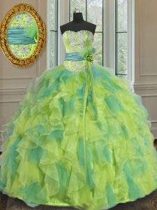 Dazzling Floor Length Lace Up Quinceanera Dress Multi-color for Military Ball and Sweet 16 and Quinceanera with Beading and Appliques and Ruffles and Sashes ribbons and Hand Made Flower