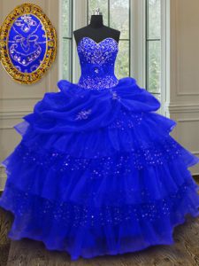 Low Price Floor Length Royal Blue Quinceanera Dresses Organza Sleeveless Beading and Ruffled Layers and Pick Ups