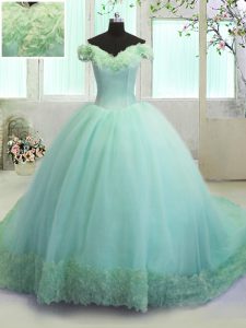 Best Off the Shoulder Sleeveless Organza With Train Court Train Lace Up Sweet 16 Dresses in Turquoise with Hand Made Flower
