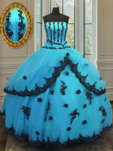 Discount Appliques Sweet 16 Dresses Aqua Blue Lace Up Sleeveless Floor Length