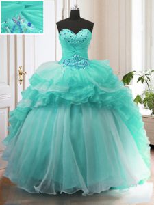Excellent Sleeveless Organza With Train Sweep Train Lace Up Sweet 16 Dress in Turquoise with Beading and Ruffles