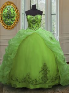 Wonderful Sweetheart Sleeveless Sweet 16 Quinceanera Dress With Train Court Train Beading and Appliques and Pick Ups Organza