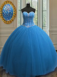 Sleeveless Floor Length Beading and Sequins Lace Up Quinceanera Dress with Blue
