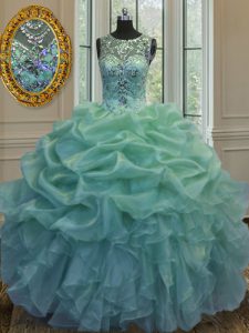 Fabulous Scoop Green Lace Up Vestidos de Quinceanera Beading and Ruffles and Pick Ups Sleeveless Floor Length
