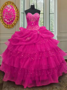 Sleeveless Organza and Sequined Floor Length Lace Up Quince Ball Gowns in Fuchsia with Beading and Ruffled Layers and Sequins and Pick Ups