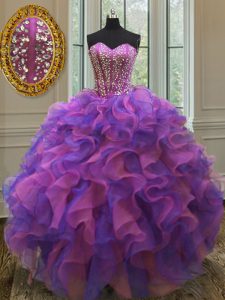 High Quality Multi-color Ball Gowns Beading and Ruffles 15th Birthday Dress Lace Up Organza Sleeveless Floor Length