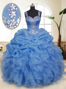 Captivating Floor Length Zipper Quinceanera Gowns Blue for Military Ball and Sweet 16 and Quinceanera with Beading and Ruffles and Pick Ups