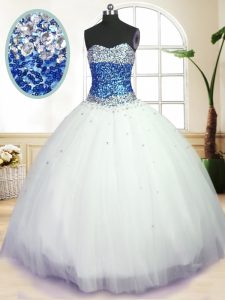 Custom Design White Ball Gowns Tulle Sweetheart Sleeveless Beading Floor Length Lace Up Quinceanera Gowns