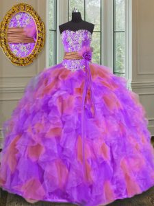 Spectacular Multi-color Organza Lace Up Sweetheart Sleeveless Floor Length Quince Ball Gowns Beading and Ruffles and Sashes ribbons and Hand Made Flower