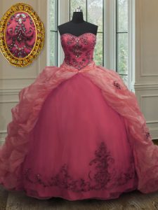 Sweetheart Sleeveless Quinceanera Dresses With Train Court Train Beading and Appliques and Pick Ups Pink Organza