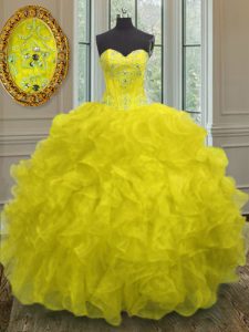 Floor Length Lace Up Quinceanera Dress Yellow for Military Ball and Sweet 16 and Quinceanera with Beading and Embroidery and Ruffles