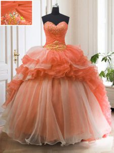 With Train Orange Red Quinceanera Dresses Organza Sweep Train Sleeveless Beading and Ruffled Layers