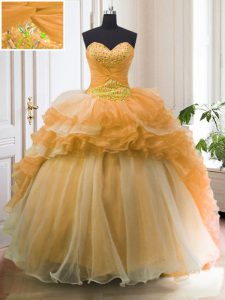 Unique Organza Sweetheart Sleeveless Sweep Train Lace Up Beading and Ruffled Layers 15 Quinceanera Dress in Orange