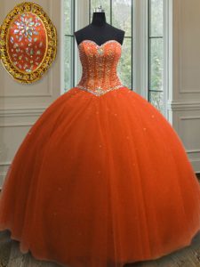 Modest Sleeveless Floor Length Beading and Sequins Lace Up Sweet 16 Dress with Orange Red
