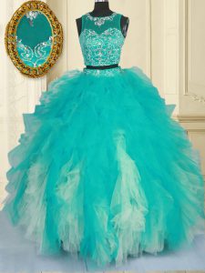 Scoop Turquoise Sleeveless Beading and Ruffles Floor Length Sweet 16 Dresses