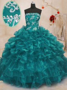 Unique Turquoise Organza Lace Up Strapless Sleeveless Floor Length Quinceanera Dresses Beading and Appliques and Ruffles