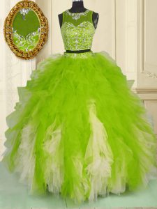 Shining Scoop Multi-color Tulle Zipper Quinceanera Gowns Sleeveless Floor Length Beading and Ruffles
