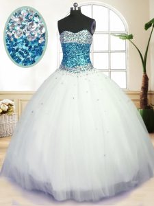 Custom Designed Sleeveless Floor Length Beading Lace Up Quinceanera Dress with White