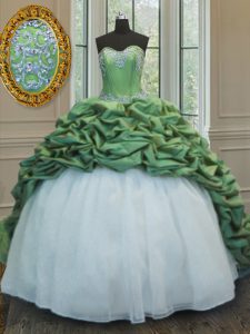 Modern Green Organza and Taffeta Lace Up 15 Quinceanera Dress Sleeveless With Train Sweep Train Beading and Appliques and Pick Ups