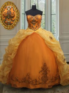 Pick Ups With Train Ball Gowns Sleeveless Orange Sweet 16 Quinceanera Dress Court Train Lace Up