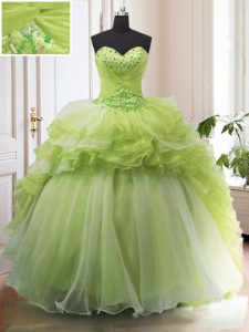 Yellow Green Sweetheart Neckline Beading and Ruffled Layers Quinceanera Gowns Sleeveless Lace Up