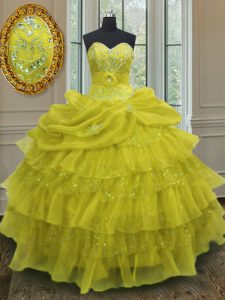 Beautiful Yellow Sleeveless Beading and Ruffled Layers and Pick Ups Floor Length 15th Birthday Dress