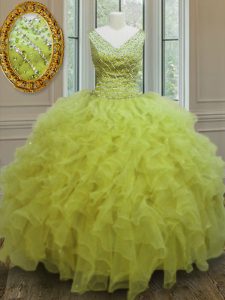 Deluxe Yellow Green Ball Gowns V-neck Sleeveless Organza Floor Length Zipper Beading and Ruffles Quinceanera Gowns