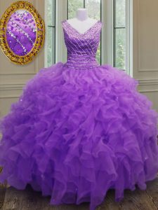 Delicate Purple Vestidos de Quinceanera Military Ball and Sweet 16 and Quinceanera and For with Beading and Ruffles V-neck Sleeveless Zipper
