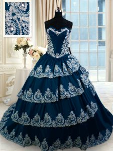 Navy Blue A-line Taffeta Sweetheart Sleeveless Beading and Appliques and Ruffled Layers With Train Lace Up Quince Ball Gowns Court Train