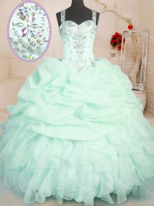 Sweet Apple Green Ball Gown Prom Dress Military Ball and Sweet 16 and Quinceanera and For with Beading and Ruffles and Pick Ups Straps Sleeveless Zipper