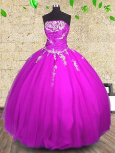 Flirting Ball Gowns Quinceanera Dresses Fuchsia Strapless Tulle Sleeveless Floor Length Lace Up