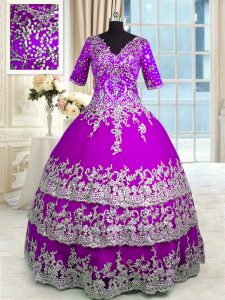Luxury Purple Half Sleeves Floor Length Appliques and Ruffled Layers Zipper Ball Gown Prom Dress