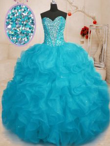 Aqua Blue Ball Gowns Beading 15th Birthday Dress Lace Up Organza Sleeveless Floor Length