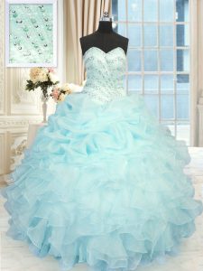 Smart Aqua Blue Lace Up Sweetheart Beading and Pick Ups Sweet 16 Dresses Organza Sleeveless